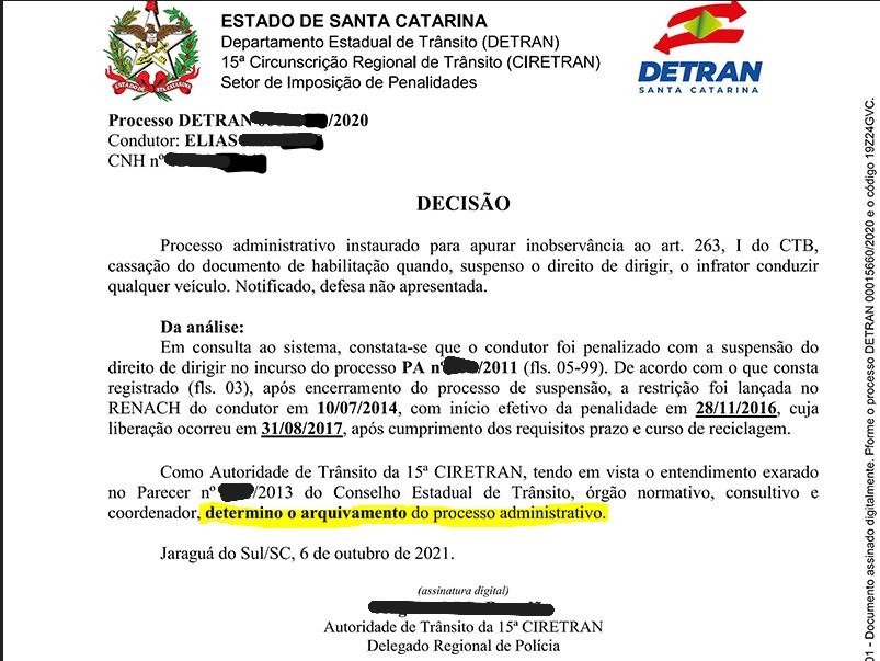 Documento oficial de arquivamento de cassação da CNH em Santa Catarina – caso real da Capitol Assessoria