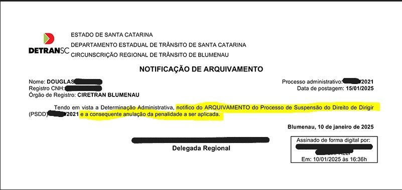 Documento oficial de arquivamento de suspensão da CNH em Santa Catarina – caso real da Capitol Assessoria