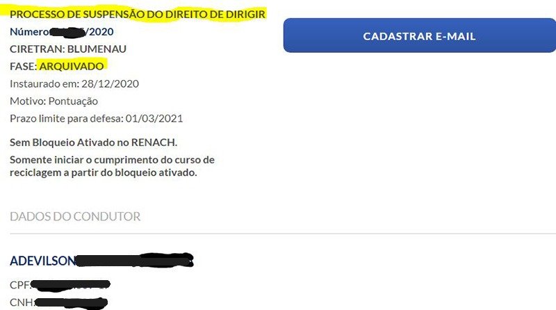 Documento oficial de arquivamento de suspensão da CNH em Santa Catarina – caso real da Capitol Assessoria