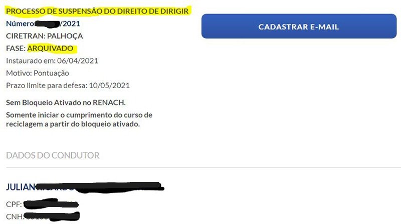 Documento oficial de arquivamento de suspensão da CNH em Santa Catarina – caso real da Capitol Assessoria
